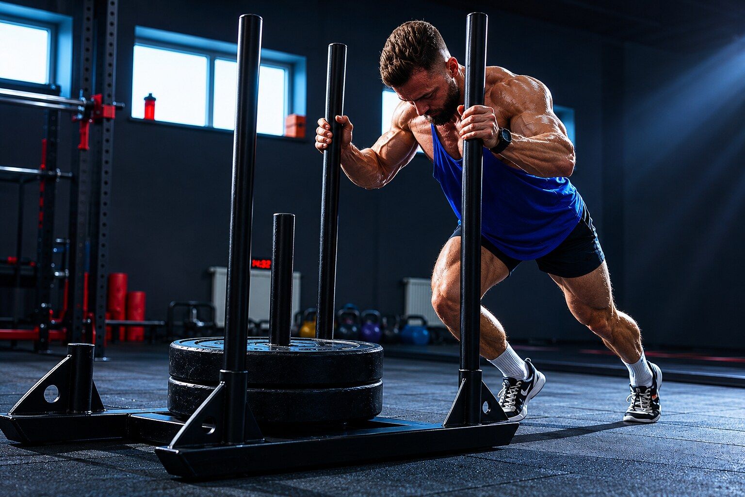 Atleta empujando un trineo de entrenamiento